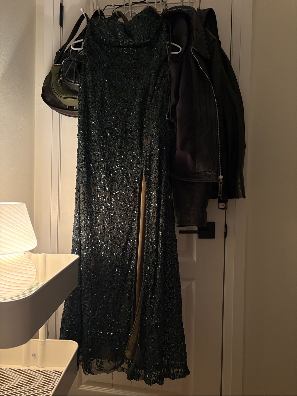 Scala Dark Green Sequin Strapless Prom Dress with Leg Slit